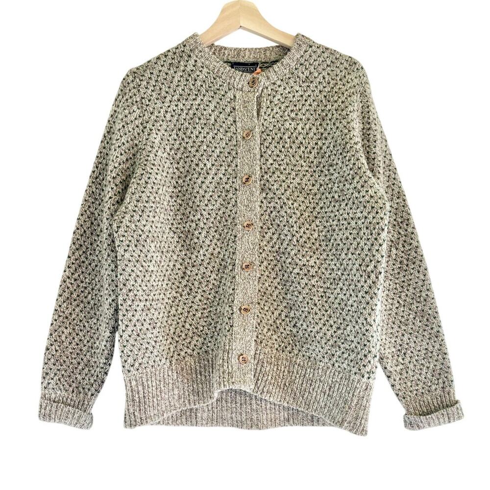 Vintage Lands End Gray Birdseye Knit Wool Cardigan Sweater Size M/L, Made in USA